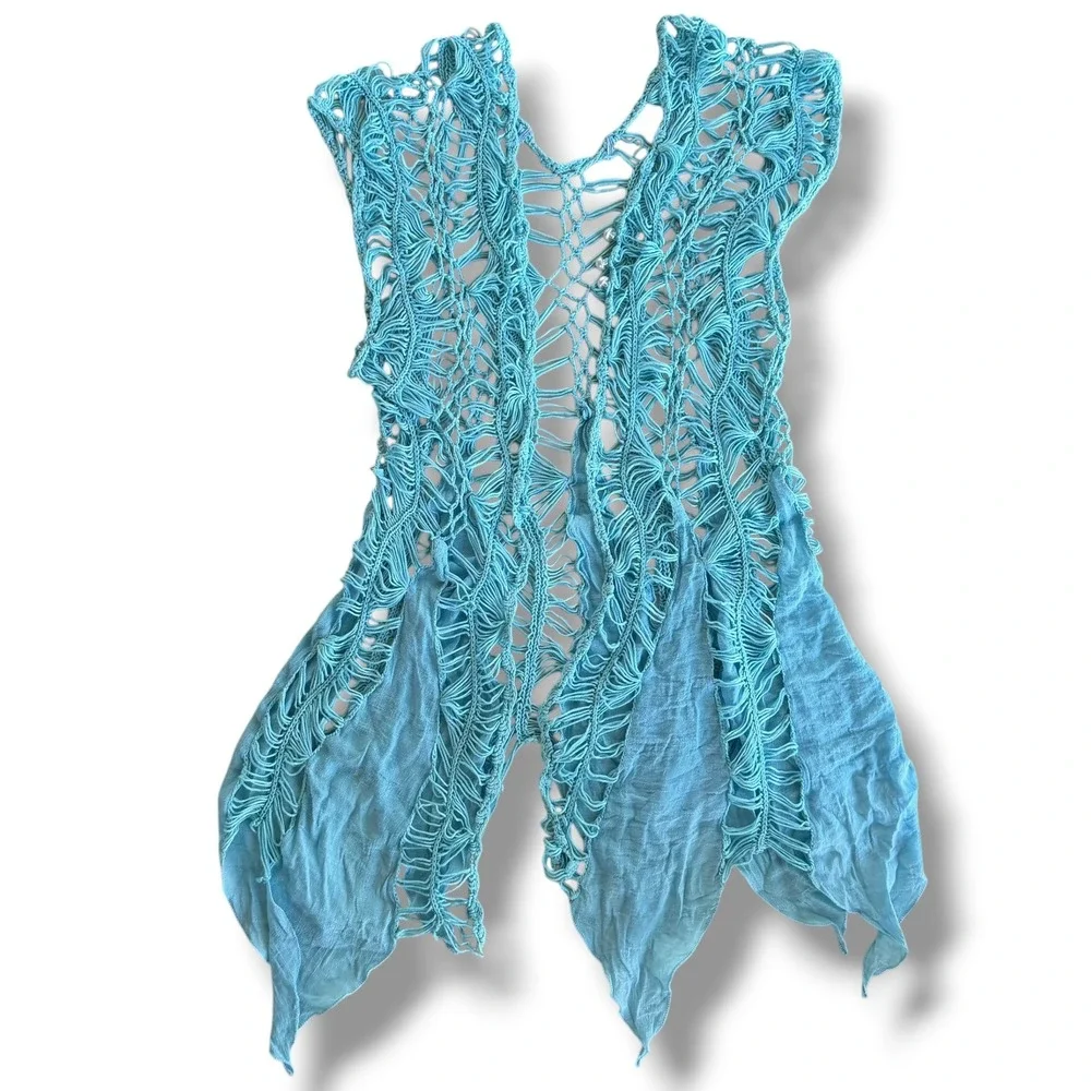 Women's Turquoise Aqua Blue Open Crochet Macrame Knit Pearl Button Beach Coverup